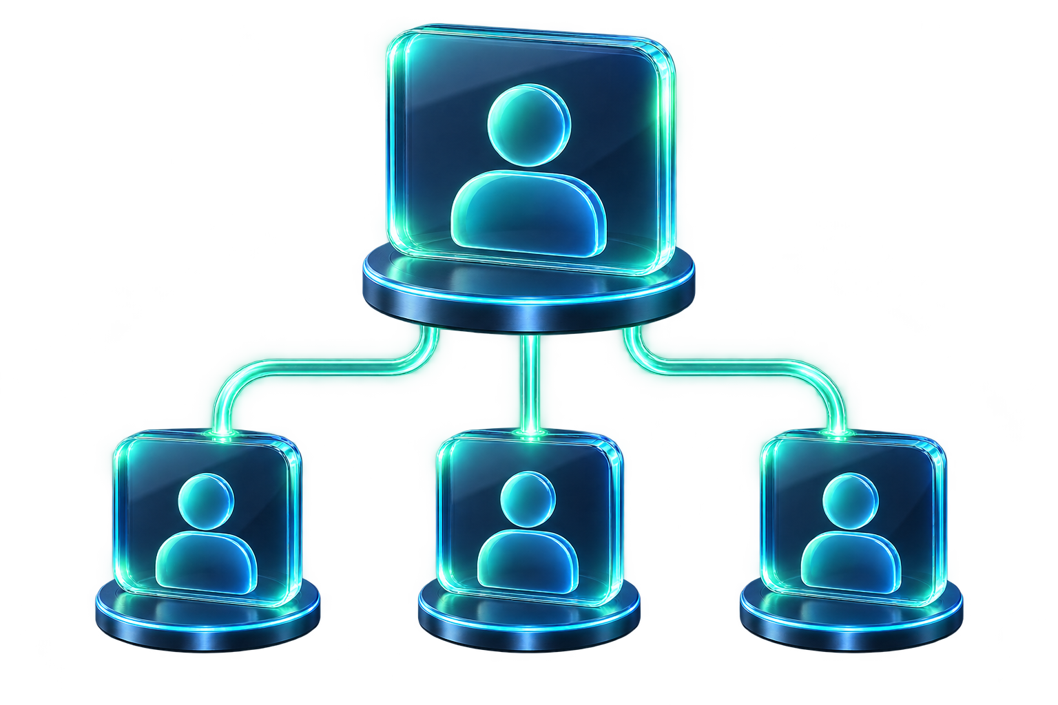 Decorative 3D network showing one master account connected to three customer accounts