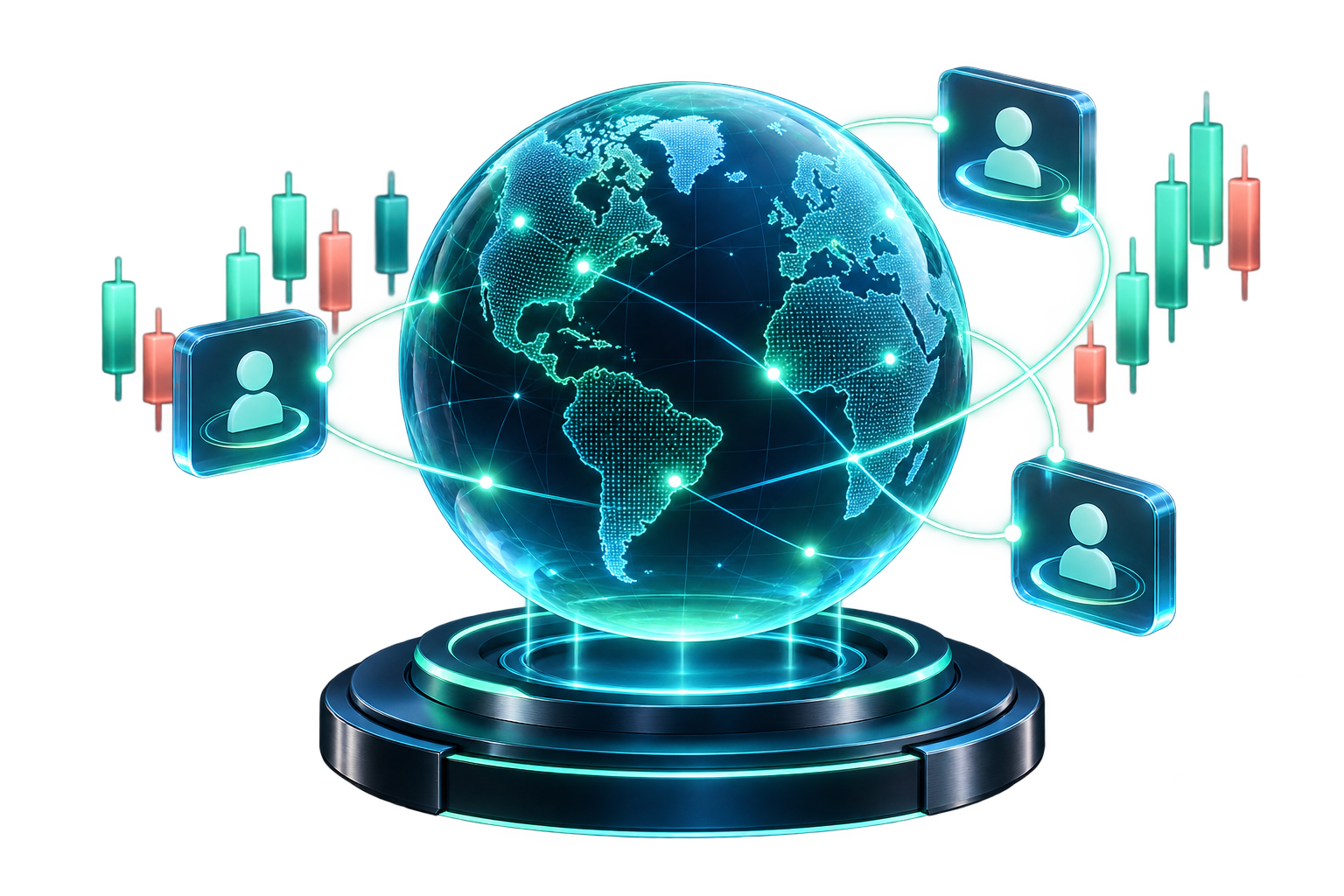 Decorative 3D trading globe with glowing candlesticks and connected account cards